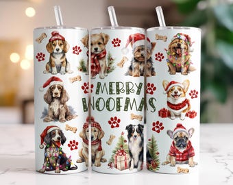 Cute Christmas Dog Tumbler Wrap 20 oz Skinny Tumbler Xmas Sublimation Holiday Design Instant Digital Download Only, Merry Woofmas Wrap PNG