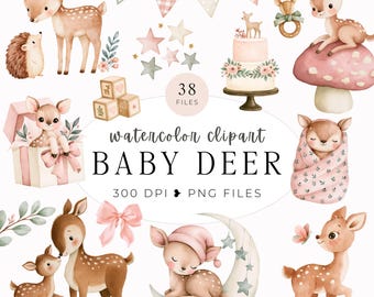 Watercolor Baby Deer Clipart, Woodland Baby Shower Graphics, Commerical Use, Digital Download