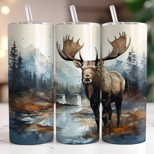 Moose Tumbler Wrap PNG 20 oz Skinny Tumbler Sublimation Design Digital Download Instant Digital Only, Mountain Nature Forest Tumbler Wrap