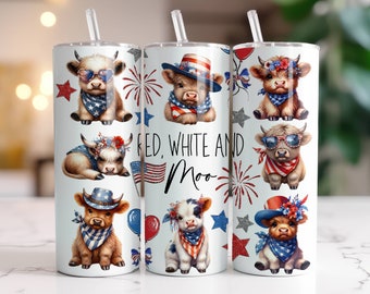 Patriotic Highland Cow Tumbler Wrap 20 oz Skinny Tumbler 4th Of July Sublimation Design Digital Download PNG Instant Digital Only