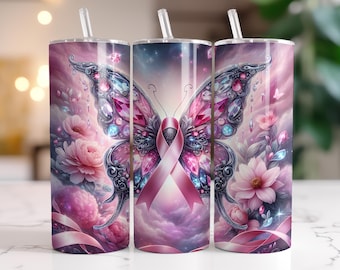 Breast Cancer Awareness Tumbler Wrap 20 oz Skinny Tumbler Sublimation Design Instant Digital Download, Pink Butterfly Cancer Survivor PNG