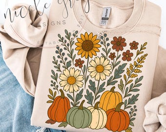 Floral Pumpkin Fall Png, Girly Autumn Png, Sublimation Design Digital Download, Vintage Autumn Shirt Design, Boho Fall Pumpkin Sunflower Png