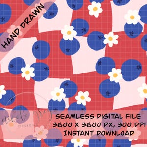 May include: Seamless digital file with a hand-drawn design. The pattern features blue circles with small star details, white flowers with yellow centers, and light pink shapes on a red grid background. The text "HAND DRAWN" is visible.