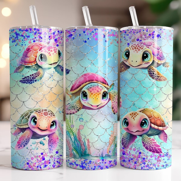 Sea Turtle Tumbler Wrap PNG, 20 oz Skinny Tumbler Sublimation Design Digital Download Instant Digital Only, Baby Turtle Glitter Tumbler Wrap