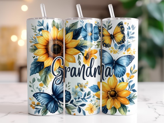 Grandma Tumbler Wrap 20 oz Skinny Tumbler Sublimation Design Instant Digital Download Only, Flowers Butterfly Watercolor Floral Digital PNG