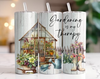 Gardening Tumbler Wrap PNG, Sublimation Instant Digital Download Only, 20 oz Skinny Tumbler Design, Gardening is My Therapy Tumbler Design