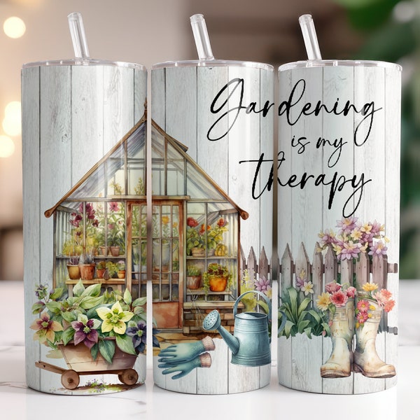 Gardening Tumbler Wrap PNG, Sublimation Instant Digital Download Only, 20 oz Skinny Tumbler Design, Gardening is My Therapy Tumbler Design