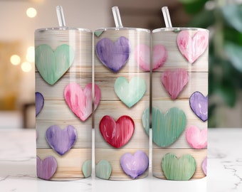 Envoltura para vaso de San Valentín PNG Diseño de sublimación para vaso delgado de 20 oz Descarga digital instantánea únicamente, envoltura para vaso con corazones rústicos