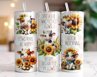 Sunflower Cow Tumbler Wrap PNG 20 oz Skinny Tumbler Sublimation Design Instant Digital Download Only, Cute Baby Cows Tumbler Wrap