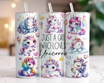 Unicorn Tumbler Wrap PNG 20oz Skinny Tumbler Sublimation Design Instant Digital Download Only, Just A Girl Who Loves Unicorns Tumbler Wrap