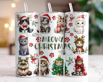 Cute Christmas Cat Tumbler Wrap 20 oz Skinny Tumbler Xmas Sublimation Holiday Design Instant Digital Download Only, Meowy Christmas Wrap PNG