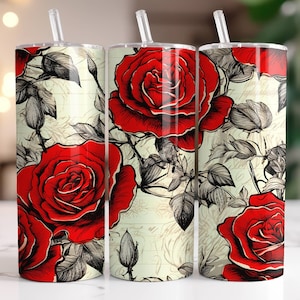 Red Roses Tumbler Wrap PNG 20 oz Skinny Tumbler Sublimation Design Instant Digital Download Only, Valentines Day Seamless Tumbler Wrap
