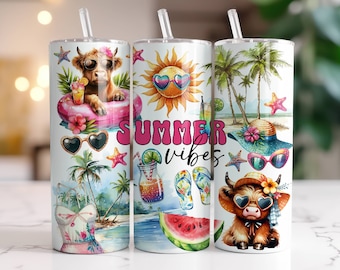 Summer Vibes Tumbler Wrap 20oz Skinny Tumbler Sublimation Design Digital Download Instant Digital Only, Highland Cow Beach Life Wrap PNG