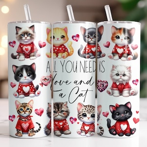 Cat Valentine Tumbler Wrap PNG, 20 oz Skinny Tumbler Sublimation Design Instant Digital Download Only, Cute Kitten Tumbler Wrap
