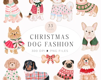 Whimsical Christmas Dog Fashion Clipart, Commercial Use, Digital Download