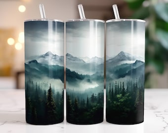 Mountain Pine Trees Tumbler Wrap PNG 20 oz Skinny Tumbler Sublimation Design Digital Download Instant Digital Only, Forest Landscape Nature