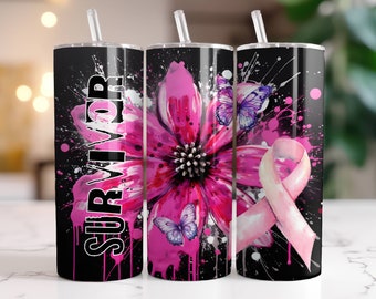 Breast Cancer Awareness Tumbler Wrap PNG, 20 oz Skinny Tumbler Sublimation Design Digital Download Instant Digital Only, Cancer Survivor