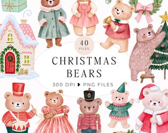 Whimsical Christmas Teddy Bear Clipart Set, Commercial Use, Digital Download