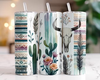 Boho Western Tumbler Wrap 20 oz Skinny Tumbler Sublimation Design Instant Digital Download Only, Cow Skull Cactus Floral Tumbler Wrap PNG