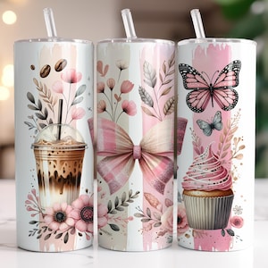Coquette Coffee Lover Tumbler Wrap 20 oz Skinny Tumbler Sublimation Design Instant Digital Download, Pink Floral Trendy Tumbler Wrap PNG