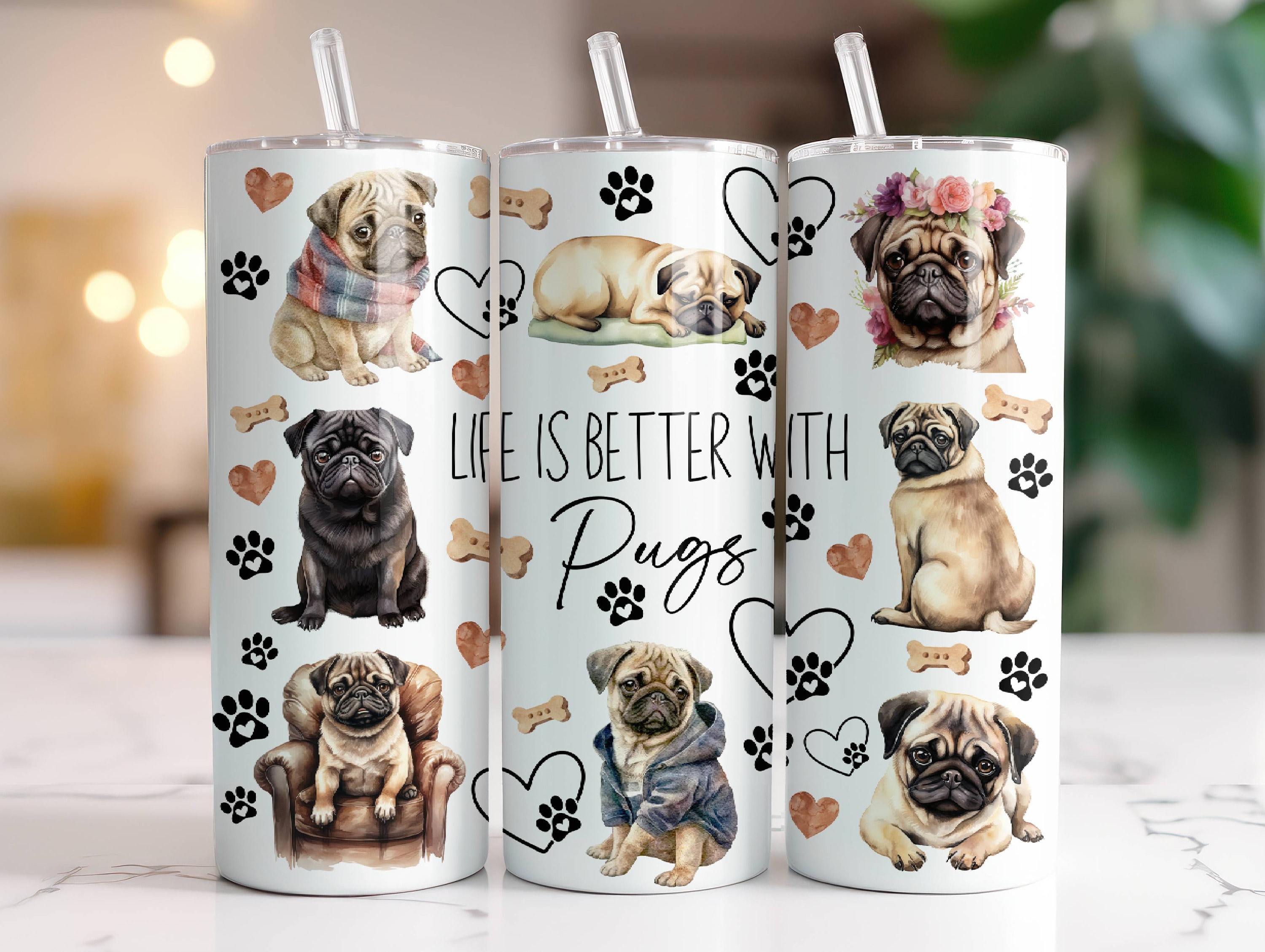 Pug Tumbler Wrap PNG, 20 Oz Skinny Tumbler Sublimation Design Instant ...