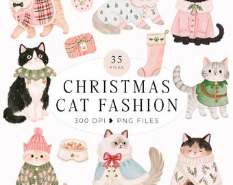 Whimsical Christmas Cat Clipart, Commercial Use, Digital Download PNG