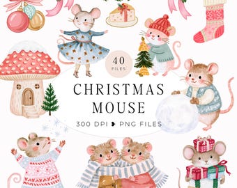 Whimsical Christmas Mouse Clipart PNG, Commercial Use, Digital Download