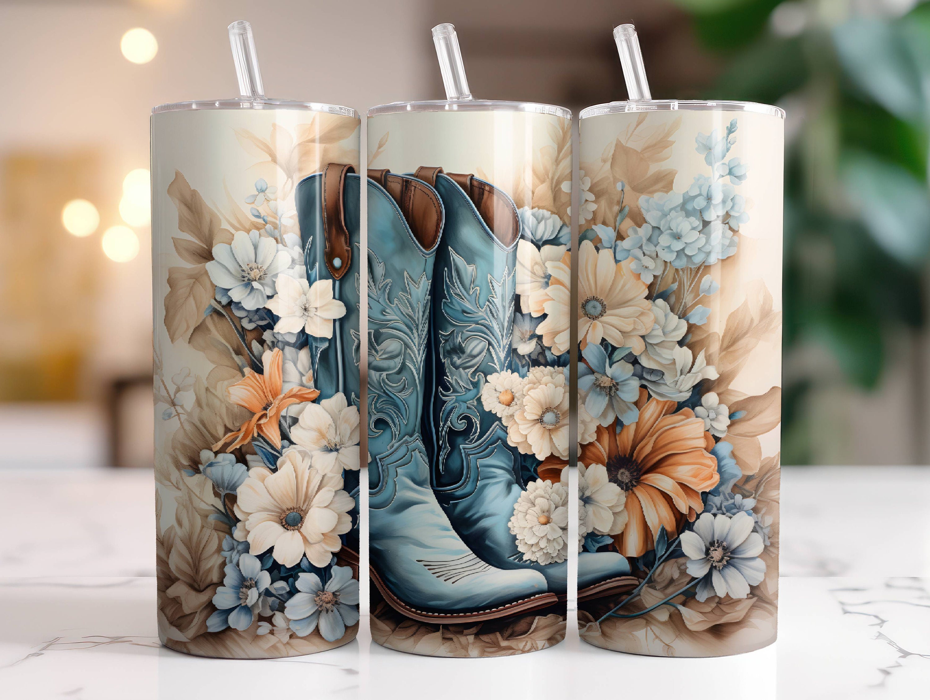 Blessed Cowgirl Sunflowers and Boots 20 Oz, 30 Oz. Skinny Tumbler