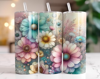 Pastel Wildflowers Floral Tumbler Wrap 20 oz Skinny Tumbler Sublimation Design Instant Digital Download Seamless Spring Flower Tumbler PNG