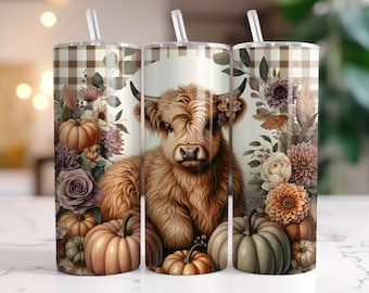 Gobelet enveloppant vache Highland automne 20 oz gobelet mince automne sublimation citrouille en téléchargement numérique PNG