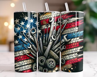 Mechanic Tumbler Wrap 20 oz Skinny Tumbler Sublimation Design Instant Digital Download Only, American Flag Tools Mechanic Life Tumbler PNG