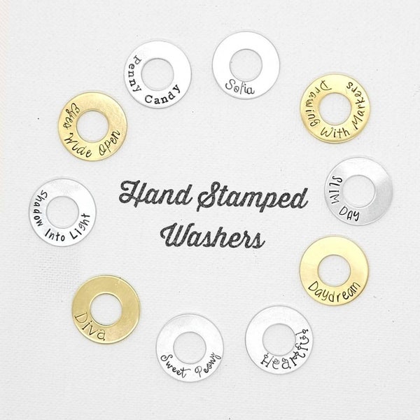 Personalized Hand stamped washers, pet tags, zipper pulls, washer tokens, name charms, ID tags, luggage tags, travel tokens, gift tags