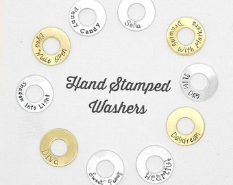 Personalized Hand stamped washers, pet tags, zipper pulls, washer tokens, name charms, ID tags, luggage tags, travel tokens, gift tags