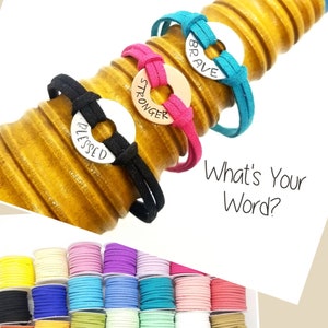 personalized custom washer bracelet, your word bracelet, cord bracelet, leather suede washer bracelet, adjustable washer bracelet, my mantra