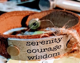 Leather Bracelet - serinity courage strength, AA bracelet, faith jewelry, inspiration jewelry, mens leather bracelet, women's bracelet