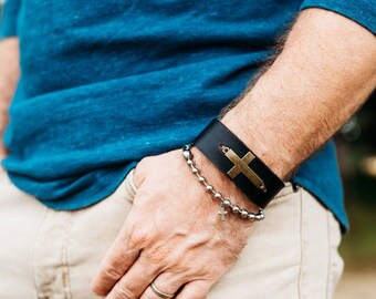 Mens leather cross bracelet, religious jewelry for men, leather cuff bracelet, faith based jewelry, gift for him, pastor gift, preacher gift