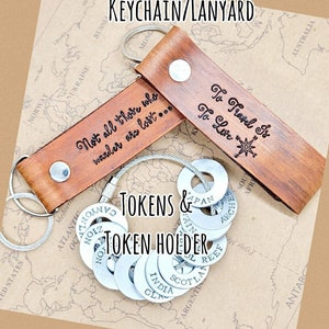 Travel tokens and Leather keychain lanyard, travel lover gift, personalized travel tags, hand stamped washer tokens, travelers keepsake image 9