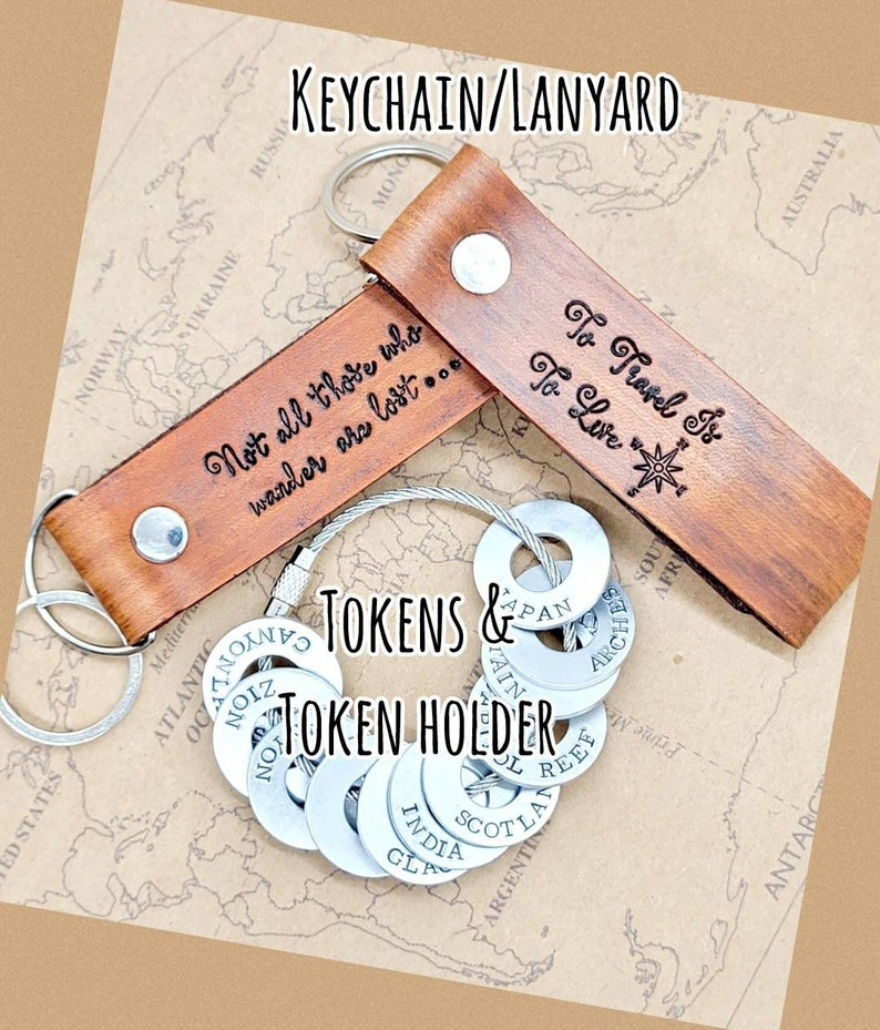 Travel tokens and Leather keychain lanyard, travel lover gift, personalized travel tags, hand stamped washer tokens, travelers keepsake image 9