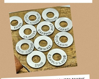 Personalized Travel Tokens: Hand Stamped Aluminum Washers, Leather Lanyard