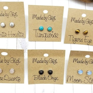 Small stud tigers eye natural stone surgical steel earrings, moonstone, rose quartz, turquoise, white howlite, black onyx womens earrings