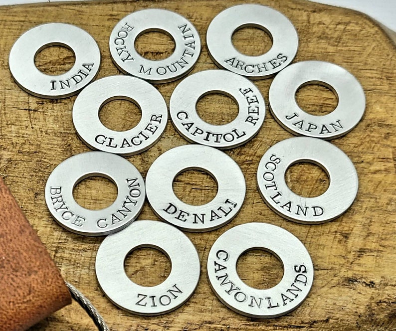 Travel tokens and Leather keychain lanyard, travel lover gift, personalized travel tags, hand stamped washer tokens, travelers keepsake image 5
