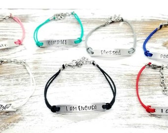 Personalized custom word bracelet, bar bracelet for men women, adjustable cord bracelet, mantra inspirational jewelry, friendship bracelet
