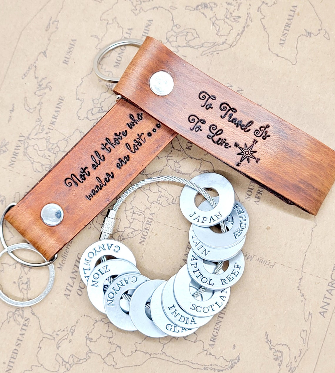 Travel tokens Leather keychain lanyard travel lover gift Etsy