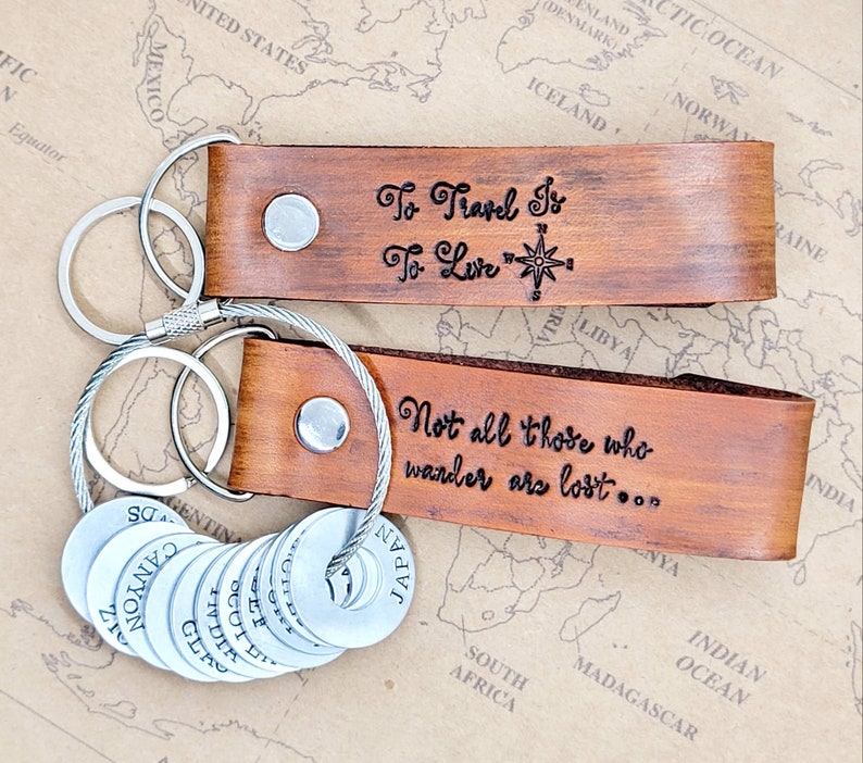 Custom travel tokens Leather keychain lanyard, travel lover gift, personalized travel tags, hand stamped washer tokens, travelers keepsake image 9