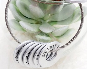 May include: A set of eight silver metal rings with engraved numbers and the words "5 pounds" hanging from a silver cable. The rings are hanging from a glass jar with a green succulent plant inside.