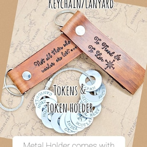 Custom travel tokens Leather keychain lanyard, travel lover gift, personalized travel tags, hand stamped washer tokens, travelers keepsake