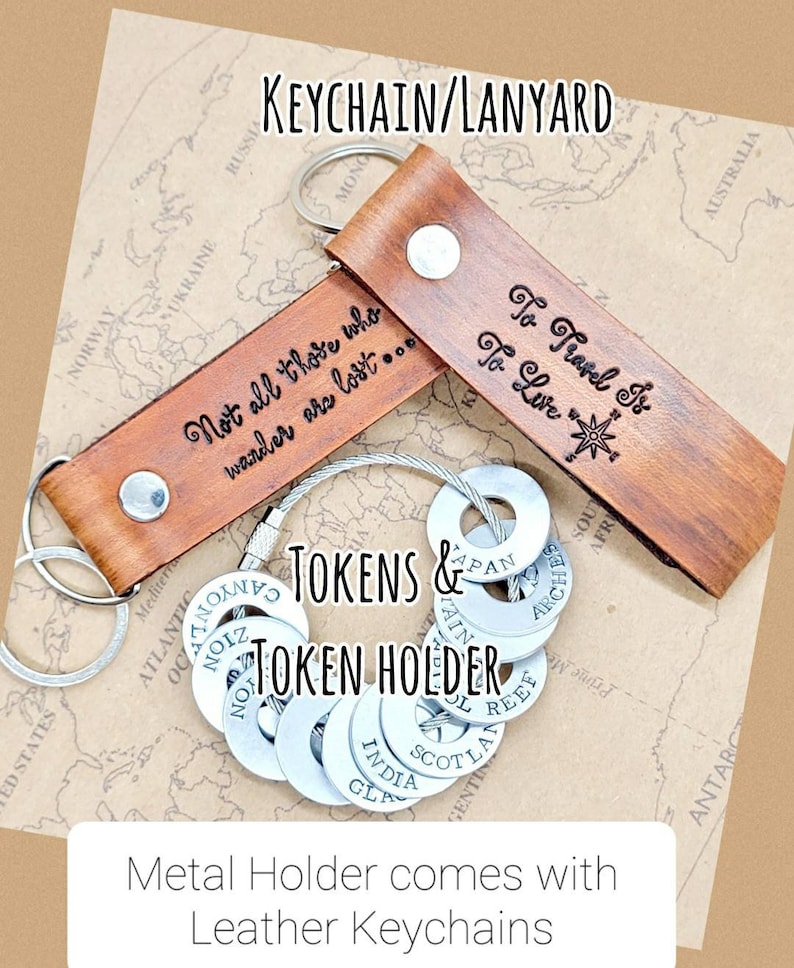 Custom travel tokens Leather keychain lanyard, travel lover gift, personalized travel tags, hand stamped washer tokens, travelers keepsake image 1