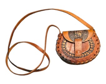 Vtg Handcrafted Mini Leather Crossbody Purse Tooled Design Snap Closure Tribal