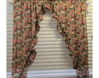 Vtg Priscilla Floral Curtain Swags Wide Ruffle French Country Seafoam Green USA