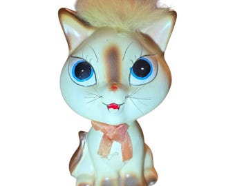 Vtg Parma by AAI Big Eyed Ceramic MCM Kitten Cat Figurine Made in Japan Fur Bow